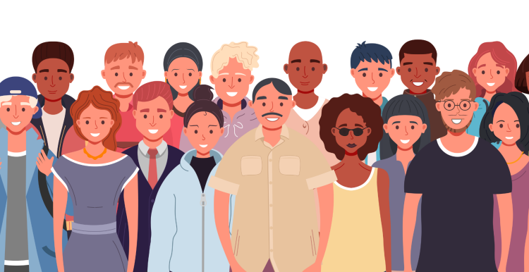 A graphic of a group of people, of different ages, genders and races.
