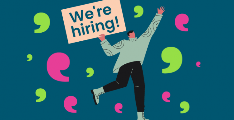 cartoon image of man with we're hiring sign