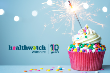cupcake and sparkler with text saying Healthwatch Wiltshire 10 years