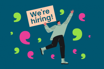 cartoon image of man with we're hiring sign