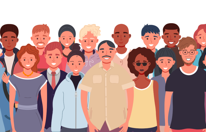 A graphic of a group of people, of different ages, genders and races.