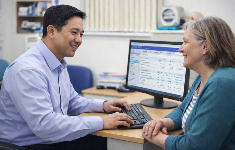 A male doctor talking to a female patient in a doctor's office. The doctor is typing on a computer.